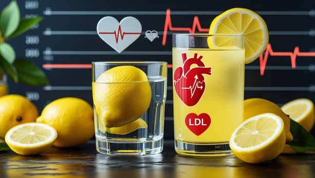 Glass of lemon water with fresh lemons, featuring a heart icon with a pulse line and LDL cholesterol symbol, highlighting how lemon bioflavonoids and potassium support cardiovascular health and reduce stroke risk.