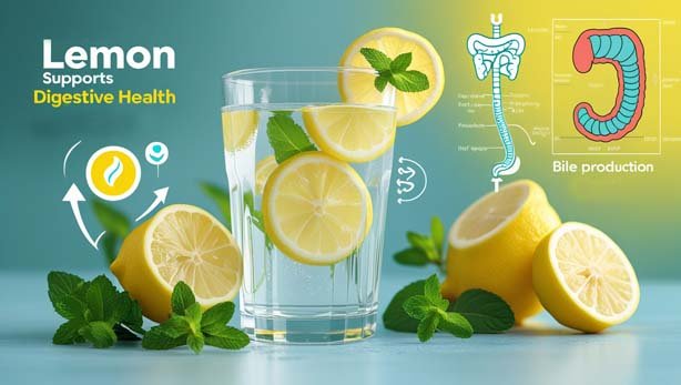 "Glass of lemon water with fresh lemon slices and mint leaves, featuring stomach and digestive enzyme icons, highlighting the benefits of lemon in boosting digestion, bile production, and reducing bloating."
