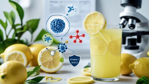 Glass of fresh lemon juice with lemon slices, featuring icons of a white blood cell, antioxidant shield, and vitamin C molecule, highlighting the health benefits of lemons for boosting immune system and antioxidant defense.