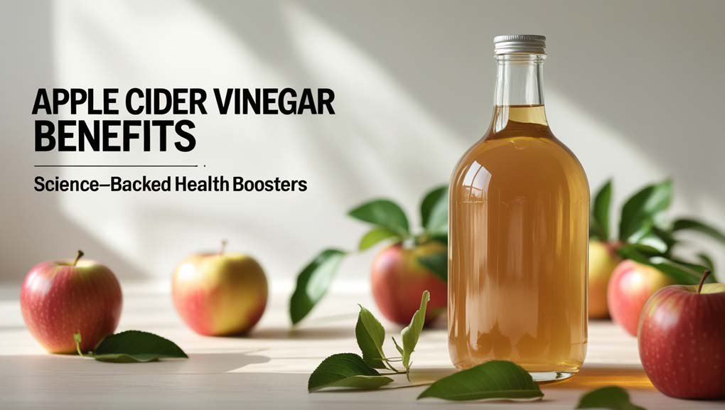 Clear glass bottle of raw apple cider vinegar with “the mother” on a light wooden surface, surrounded by fresh red apples and green leaves, illustrating apple cider vinegar benefits and science-backed health boosters.