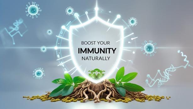 Ashwagandha roots and natural herbs symbolizing boosted immune health with antioxidant benefits