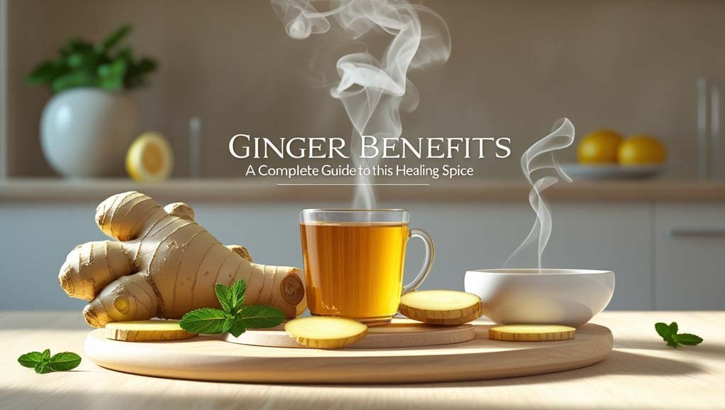 Fresh ginger root and slices with steaming ginger tea, lemon wedges, and mint leaves on a wooden surface – Ginger benefits guide