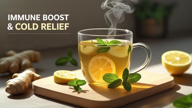 Steaming mug of ginger-mint tea with lemon wedges and fresh ginger slices on a wooden countertop, illustrating ginger’s immunity boost and cold relief benefits.
