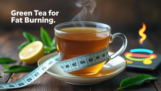 Cup of green tea with measuring tape and tea leaves on a wooden table symbolizing fat burning and weight loss benefits of green tea