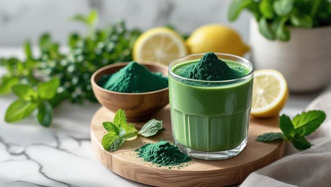 Spirulina powder and smoothie on a wooden table, illustrating the nutrient-rich superfood's health benefits and daily use.