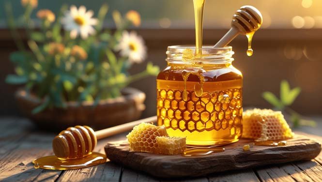 Golden honey in a heart-shaped pool on a wooden surface with subtle ECG line overlay, illustrating honey’s cardiovascular benefits