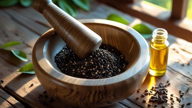 Close-up of glossy black cumin seeds and a small bottle of golden black seed oil, illustrating nature’s miraculous healing properties.