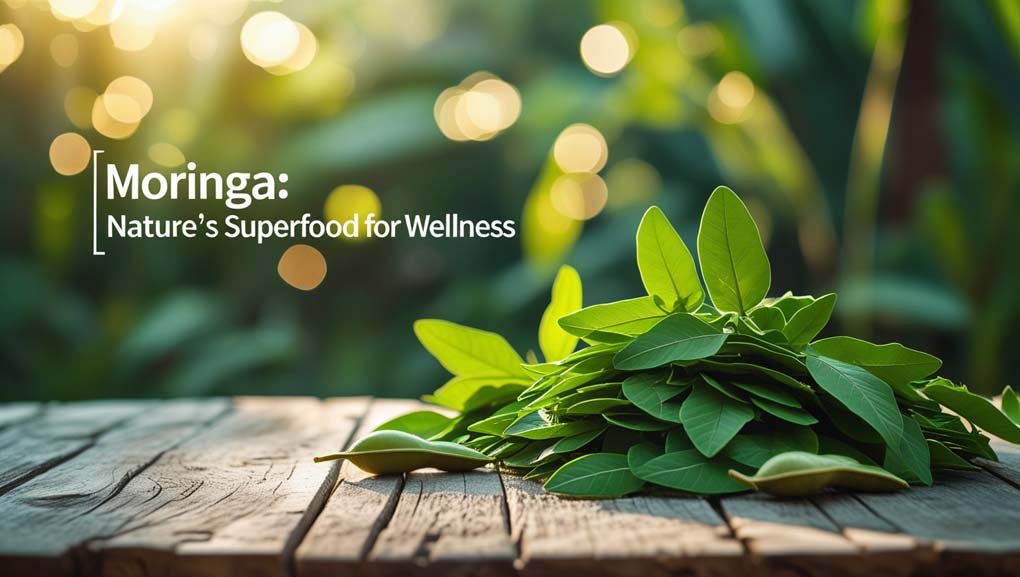 Close-up of fresh Moringa oleifera leaves and seed pods on a rustic wooden table in a sunlit tropical garden, emphasizing Moringa superfood health benefits with clear space for overlay text