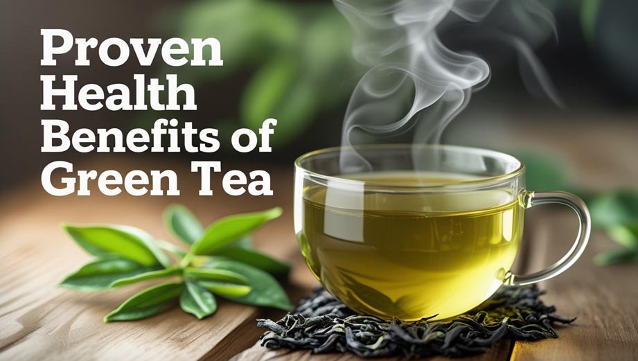 Cup of green tea with fresh leaves on a wooden table – highlighting the proven health benefits of green tea