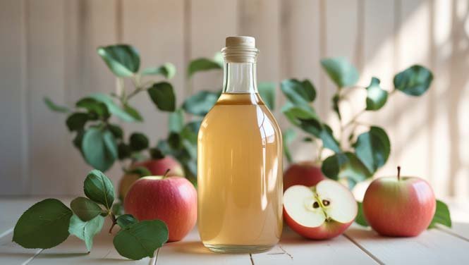 Label-free glass bottle of apple cider vinegar “with the mother” beside fresh red apples and green leaves on a wooden surface, representing science-backed ACV health benefits.