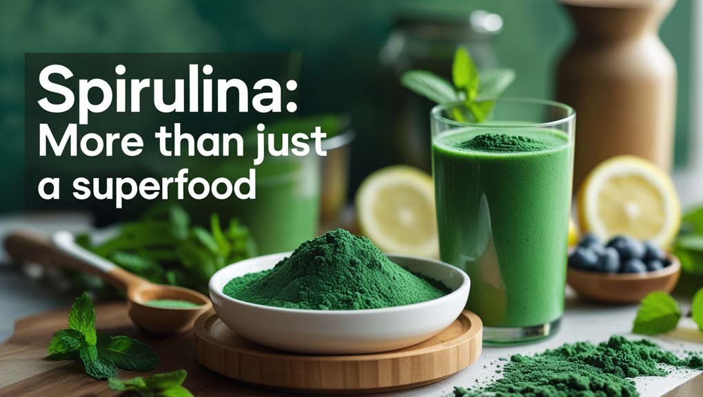 Bowl of spirulina powder and green smoothie on a natural surface, representing spirulina's health benefits as a superfood.