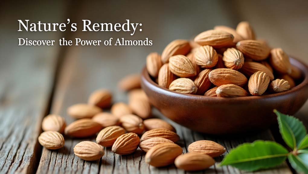 A handful of raw almonds on a rustic wooden table, symbolizing natural healing and the powerful health benefits of almonds for heart, brain, and skin.