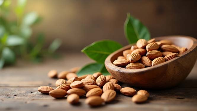 Close-up of raw almonds in a wooden bowl, symbolizing the healing power of almonds for heart, brain, and digestive health—nature’s remedy for body and mind.